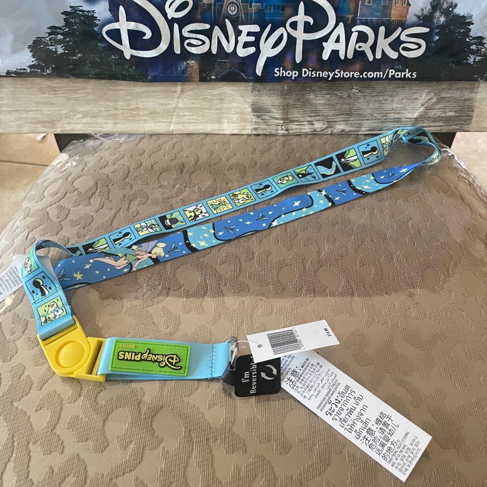 Disney Parks Tinker Bell Reversible Lanyard Blue Peter Pan Pin Trading New